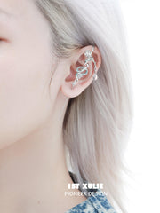1ST XULIE "Frozen Serpent Girl" Platinum Plated Statement Icy Serpent & Rose Dangle Needle Piercing Earrings in Platinum Plated - Detail Shot