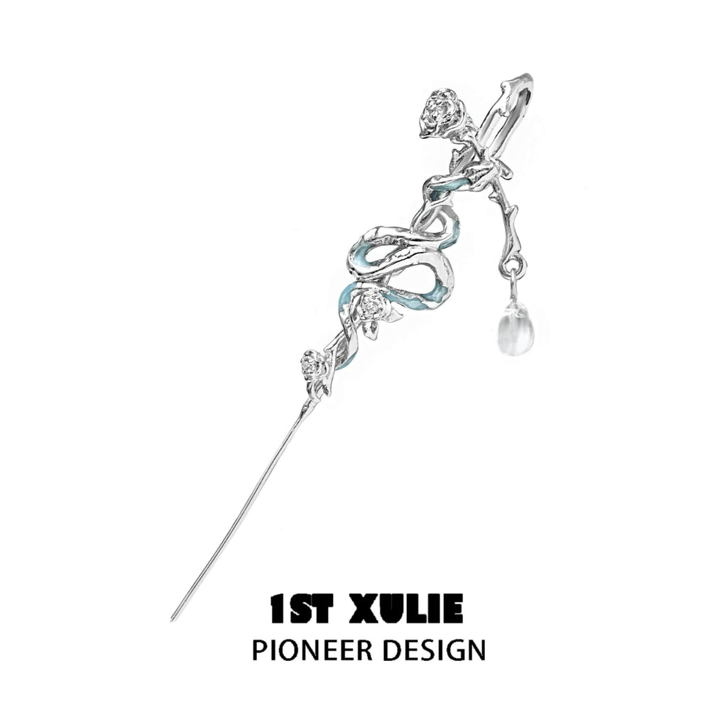 1ST XULIE "Frozen Serpent Girl" Platinum Plated Statement Icy Serpent & Rose Dangle Needle Piercing Earrings in Platinum Plated - Product View