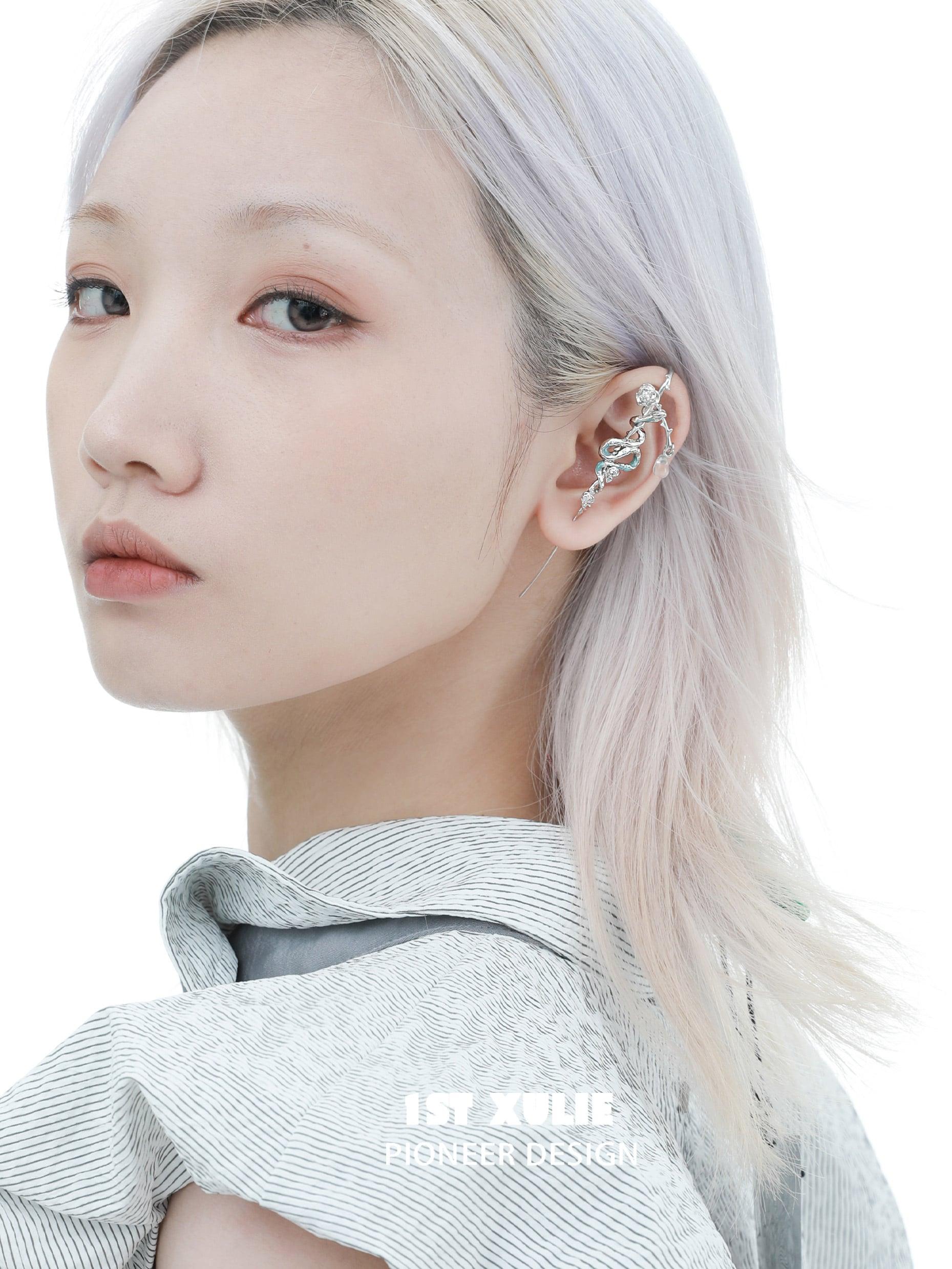 1ST XULIE "Frozen Serpent Girl" Platinum Plated Statement Icy Serpent & Rose Dangle Needle Piercing Earrings in Platinum Plated - On Model Detail Shot