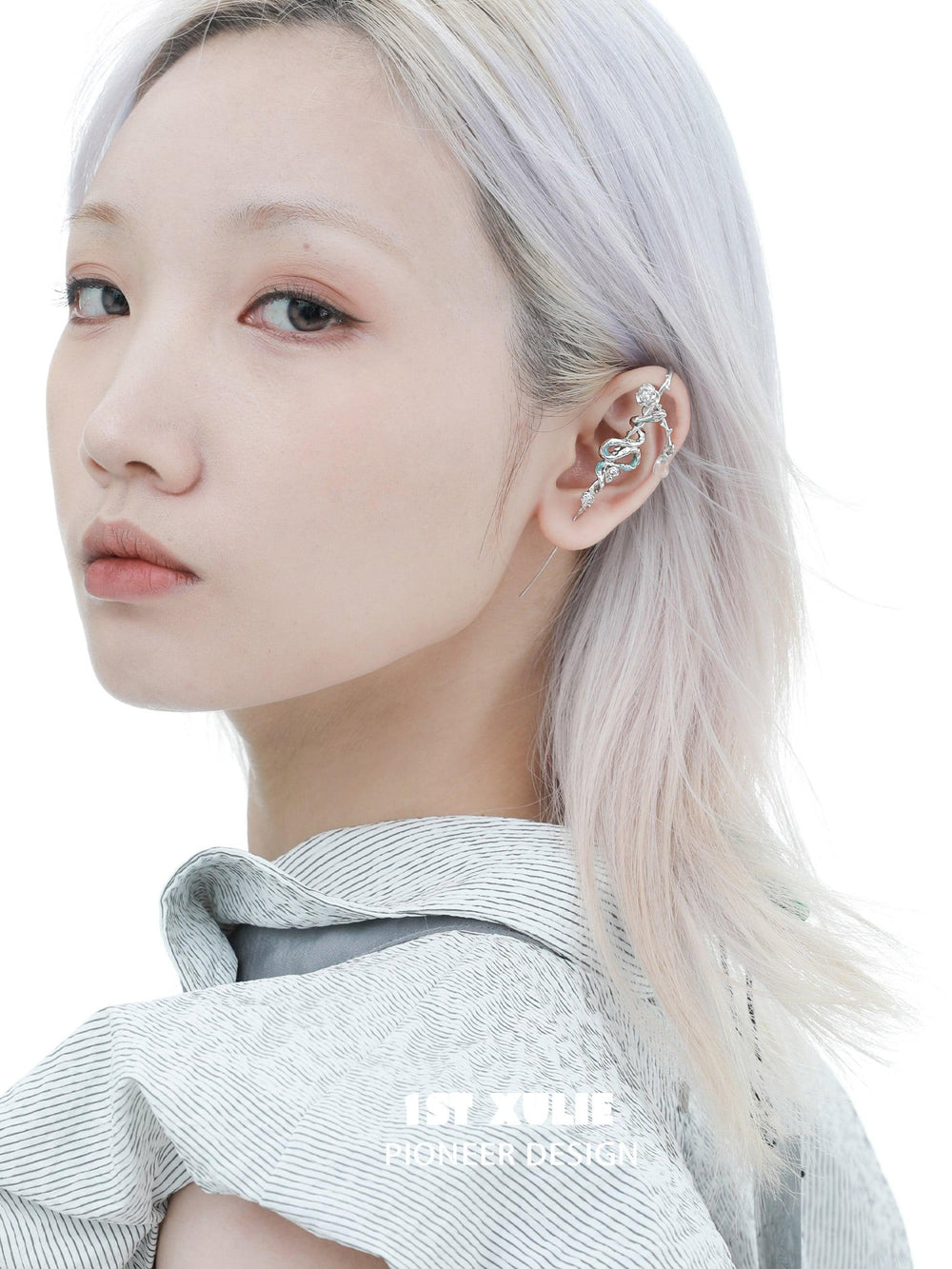 1ST XULIE "Frozen Serpent Girl" Platinum Plated Statement Icy Serpent & Rose Dangle Needle Piercing Earrings in Platinum Plated - On Model Detail Shot