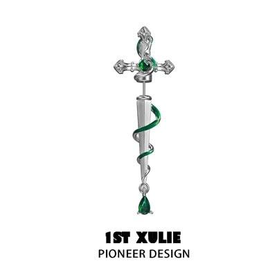1ST XULIE "Slytherin House" Gothic Serpent Sword Statement Dangle Earrings in Platinum Plated - Angle View