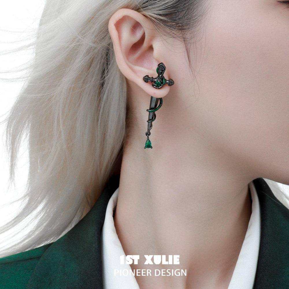 1ST XULIE "Slytherin House" Gothic Serpent Sword Statement Dangle Earrings in Platinum Plated - Detail Shot