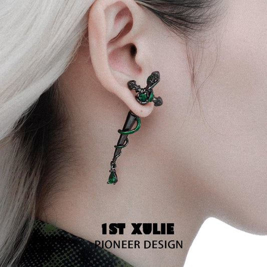 1ST XULIE "Slytherin House" Gothic Serpent Sword Statement Dangle Earrings in Platinum Plated - Product View
