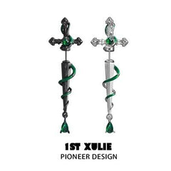 1ST XULIE "Slytherin House" Gothic Serpent Sword Statement Dangle Earrings in Platinum Plated - On Model