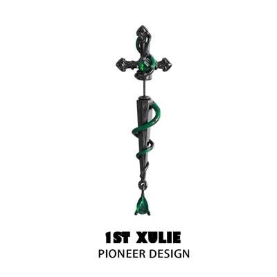 1ST XULIE "Slytherin House" Gothic Serpent Sword Statement Dangle Earrings in Platinum Plated - Side View