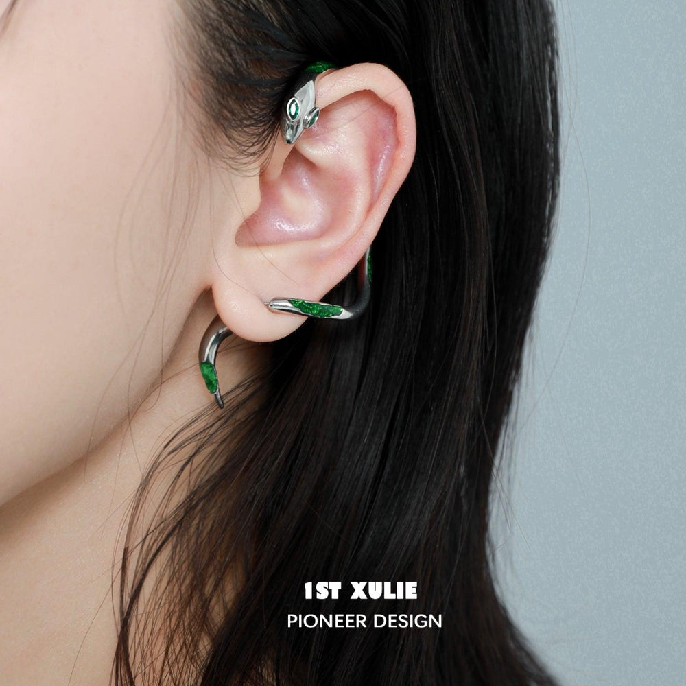 1ST XULIE "Slytherin House" Serpent Wrap Earrings in Platinum Plated - Product View