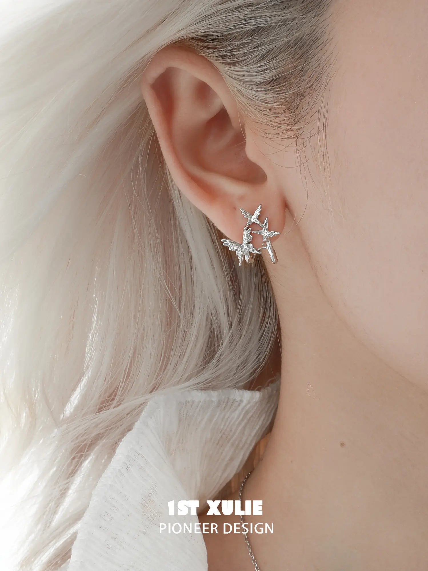 1ST XULIE Jewelry "Whiterfly" Shattered Butterfly Statement Stud Earrings in Platinum Plated - Detail Shot