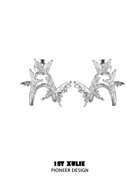 1ST XULIE Jewelry "Whiterfly" Shattered Butterfly Statement Stud Earrings in Platinum Plated - Side View