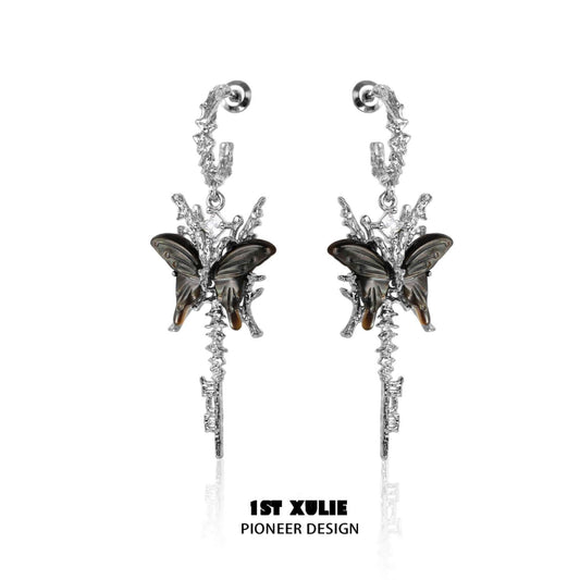 1ST XULIE "Whiterfly" Asymmetrical Shell Butterfly & Bone Dangle Earrings in 925 Sterling Silver - Angled Product View
