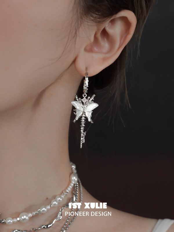 "Whiterfly" 925 Sterling Silver Asymmetrical Shell Butterfly Dangle Earrings, Gothic Statement Jewelry