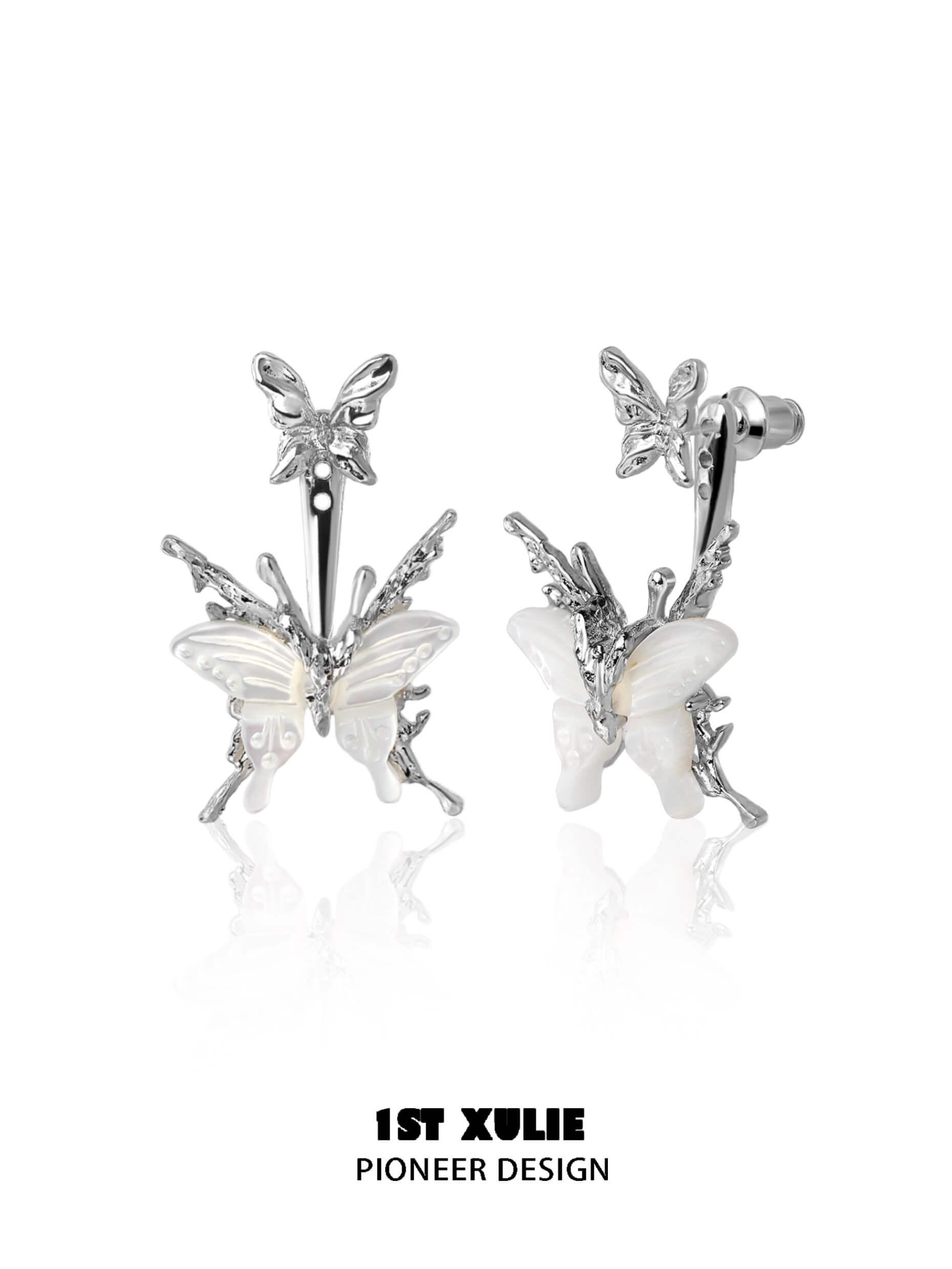 1ST XULIE "Whiterfly" Skeletal Shell Earrings in Platinum Plated 925 Silver - Angled View