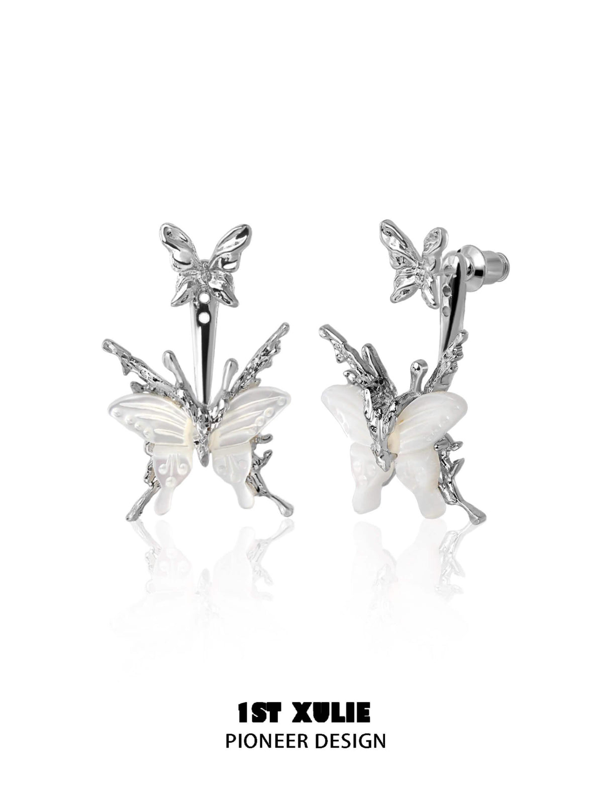 1ST XULIE "Whiterfly" Skeletal Shell Earrings in Platinum Plated 925 Silver - Angled View
