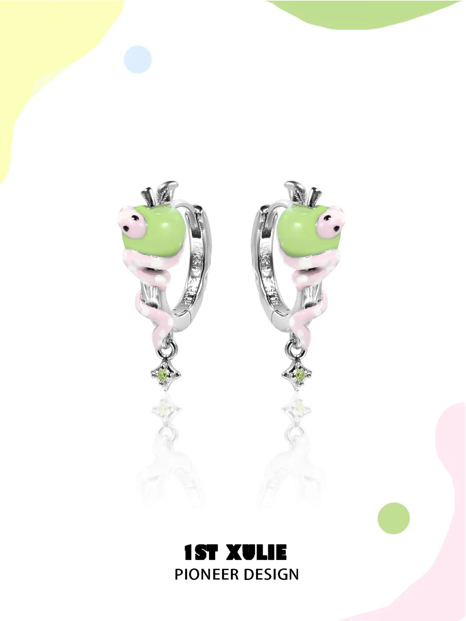 1ST XULIE "Nom Nom Snake" Whimsical Snake & Apple Charm Huggie Hoop Earrings in Platinum Plated Brass - Angled View