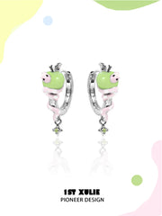1ST XULIE "Nom Nom Snake" Whimsical Snake & Apple Charm Huggie Hoop Earrings in Platinum Plated Brass - Angled View