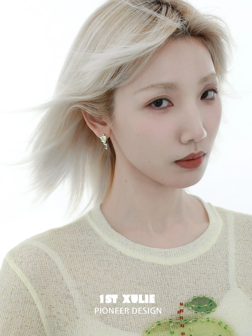1ST XULIE "Nom Nom Snake" Whimsical Snake & Apple Charm Huggie Hoop Earrings in Platinum Plated Brass - Back View