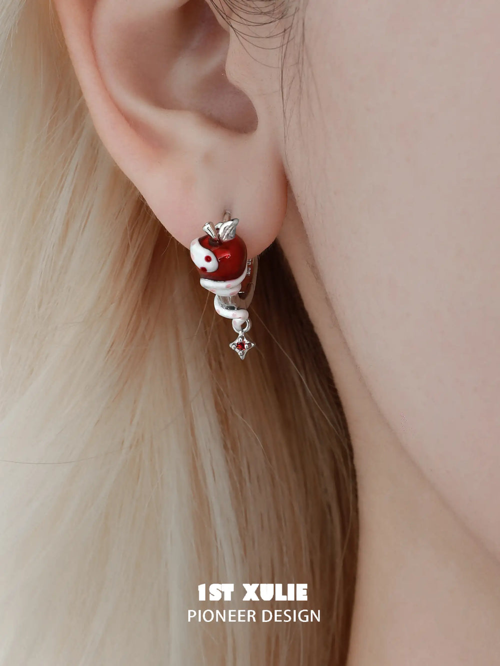 1ST XULIE "Nom Nom Snake" Whimsical Snake & Apple Charm Huggie Hoop Earrings in Platinum Plated Brass - Detail Shot