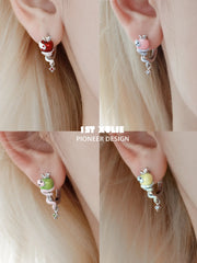1ST XULIE "Nom Nom Snake" Whimsical Snake & Apple Charm Huggie Hoop Earrings in Platinum Plated Brass - On Model Close-Up