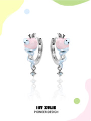 1ST XULIE "Nom Nom Snake" Whimsical Snake & Apple Charm Huggie Hoop Earrings in Platinum Plated Brass - Alternative Product View