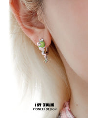 1ST XULIE "Nom Nom Snake" Whimsical Snake & Apple Charm Huggie Hoop Earrings in Platinum Plated Brass - Side View