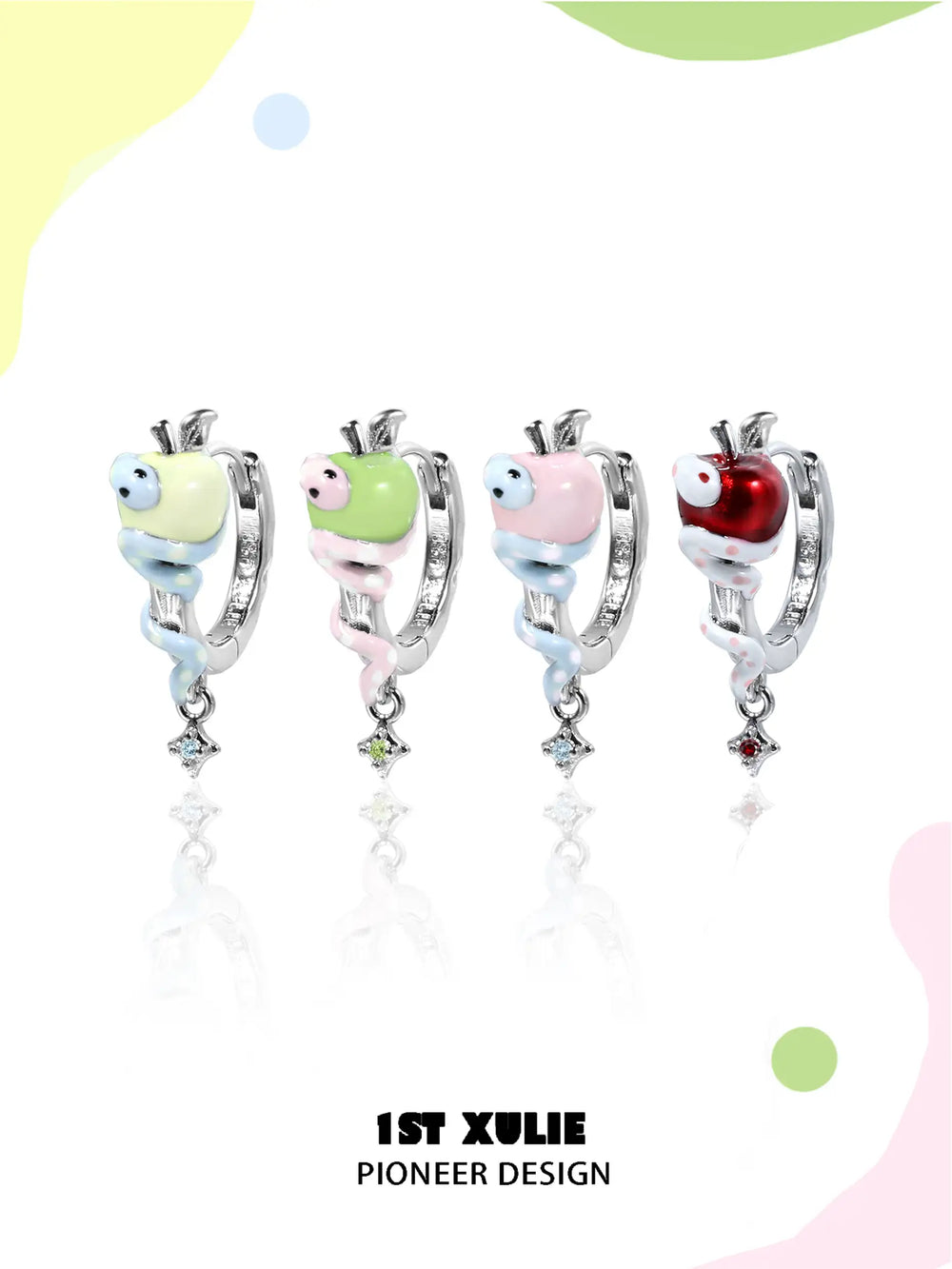 1ST XULIE "Nom Nom Snake" Whimsical Snake & Apple Charm Huggie Hoop Earrings in Platinum Plated Brass - Size Comparison