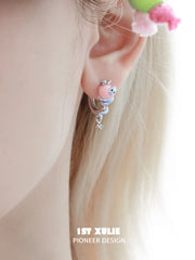 1ST XULIE "Nom Nom Snake" Whimsical Snake & Apple Charm Huggie Hoop Earrings in Platinum Plated Brass - Texture Detail