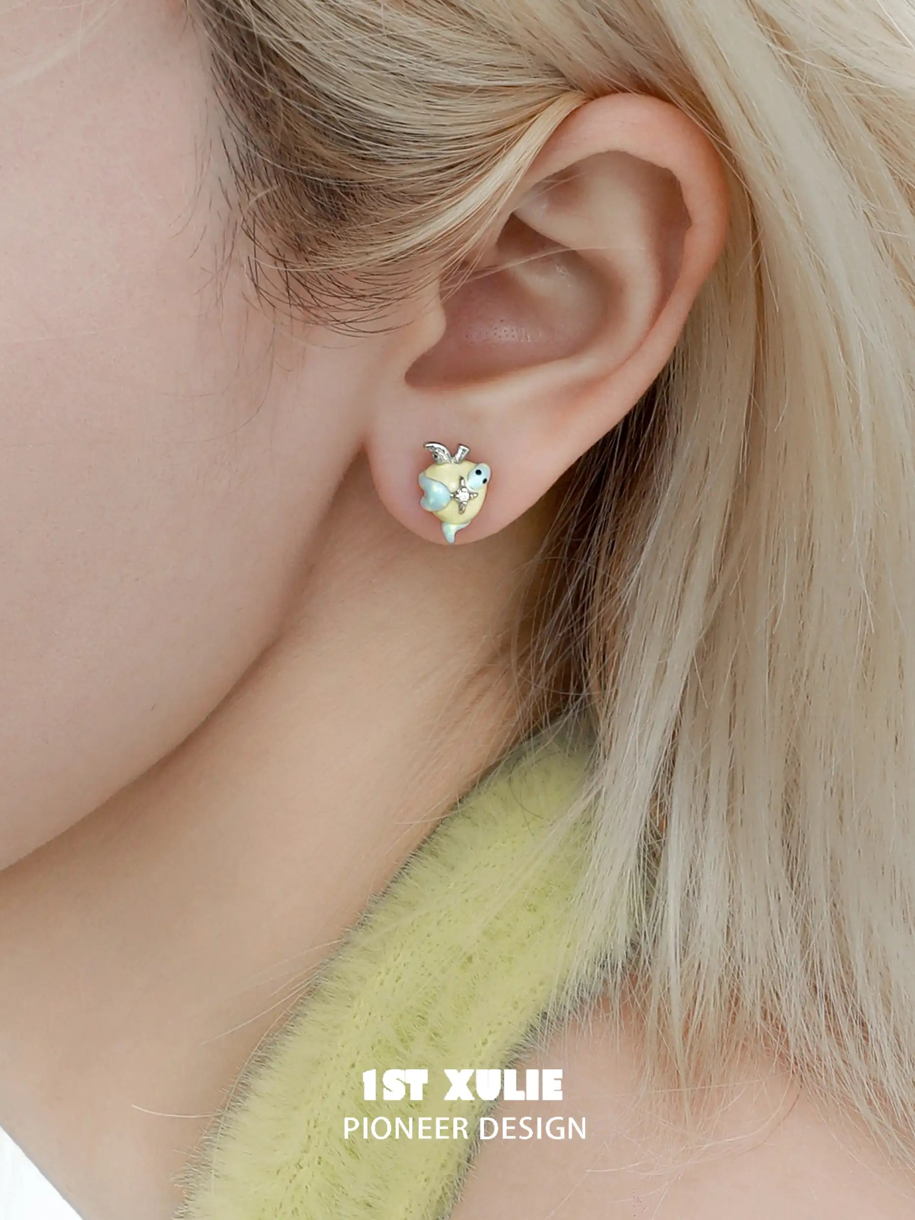 1ST XULIE "Nom Nom Snake" Dainty Whimsical Snake & Apple Studs in Platinum Plated Brass - Back View