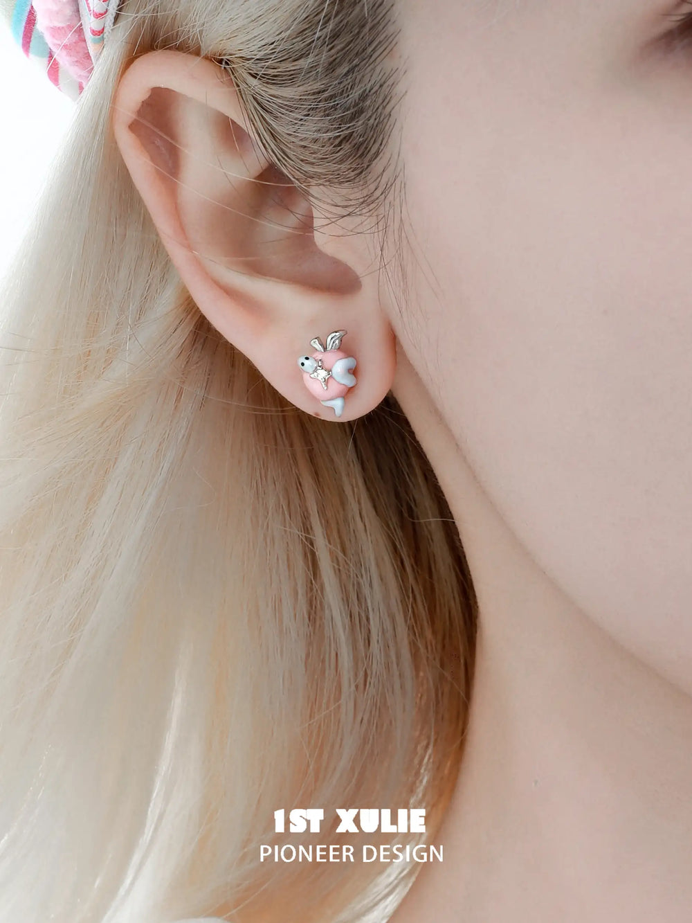 1ST XULIE "Nom Nom Snake" Dainty Whimsical Snake & Apple Studs in Platinum Plated Brass - Packaging View