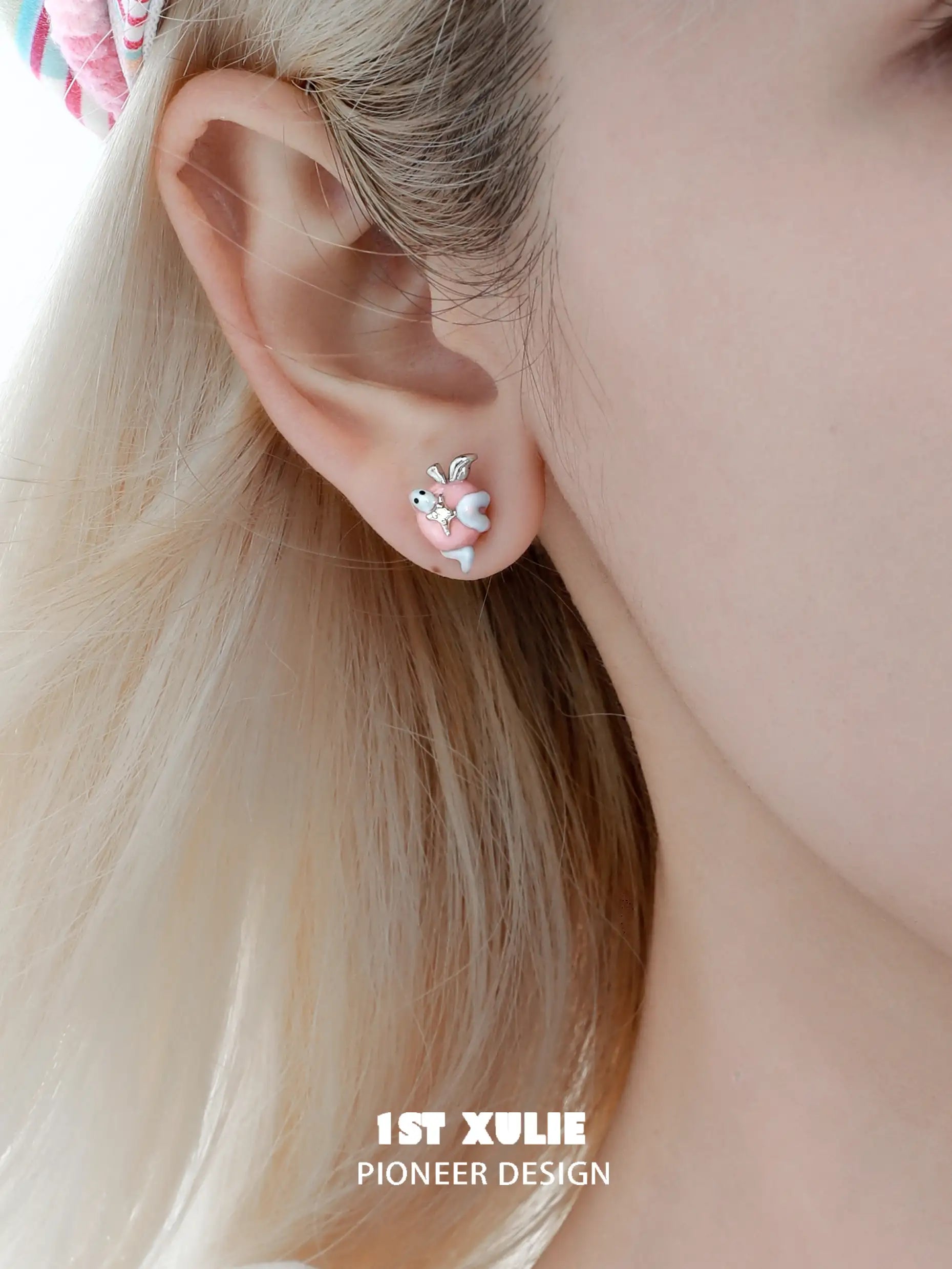 1ST XULIE "Nom Nom Snake" Dainty Whimsical Snake & Apple Studs in Platinum Plated Brass - Side View