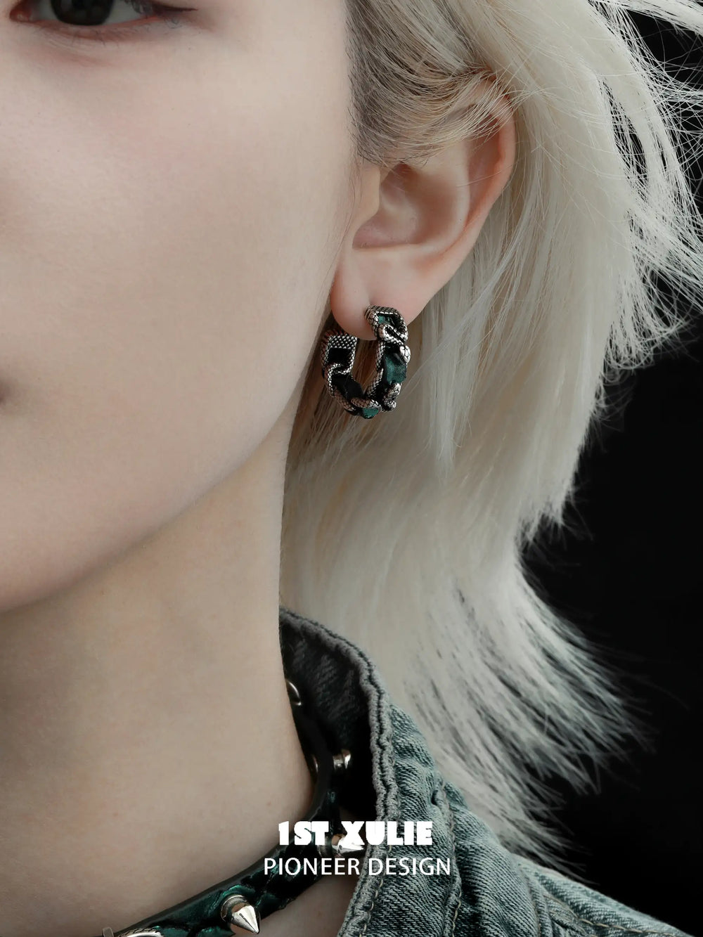 1ST XULIE "Snake Bite" Statement Leather Hoop Earrings in Platinum Plated Brass - Detail Shot