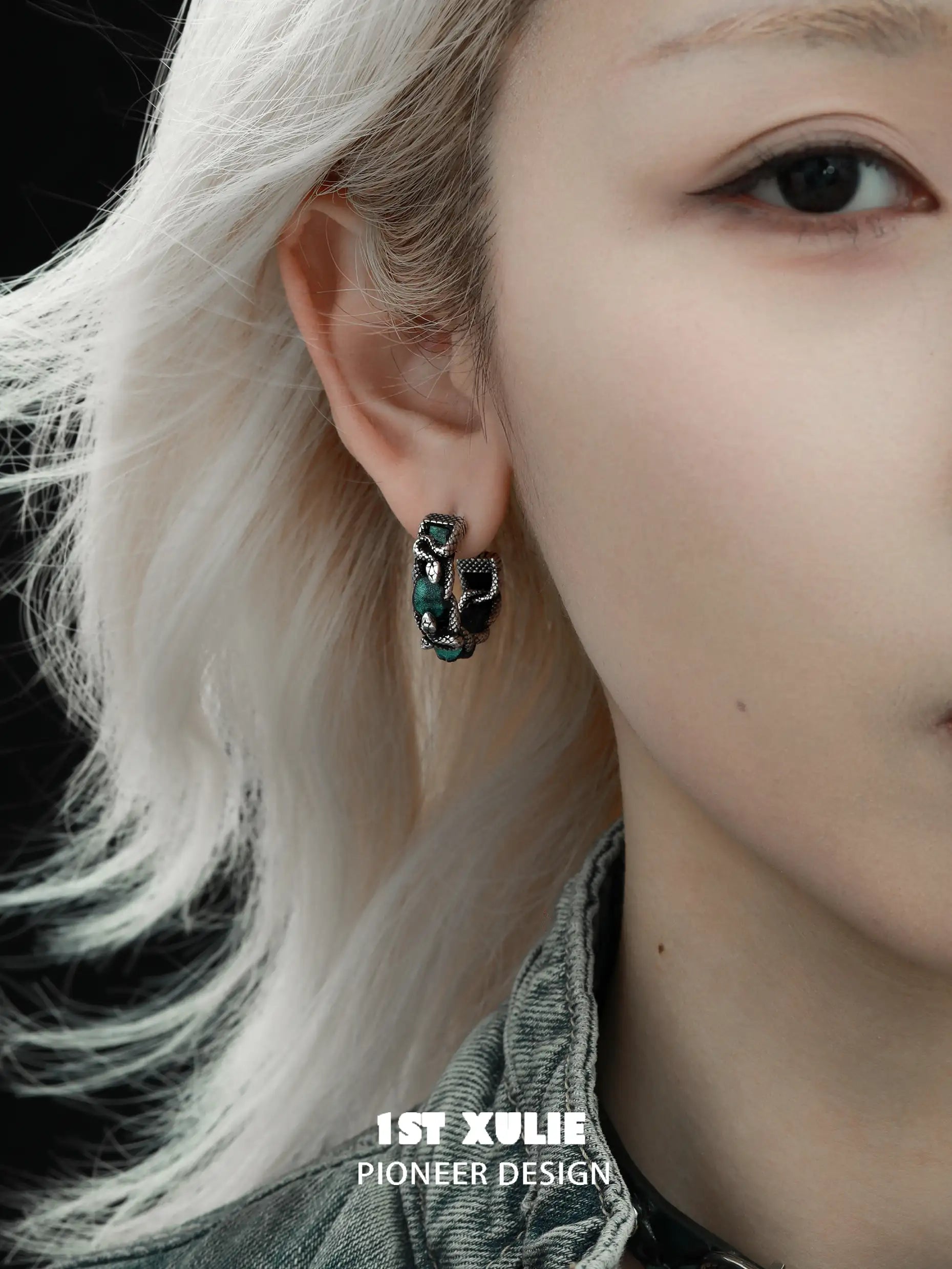 1ST XULIE "Snake Bite" Statement Leather Hoop Earrings in Platinum Plated Brass - Product View