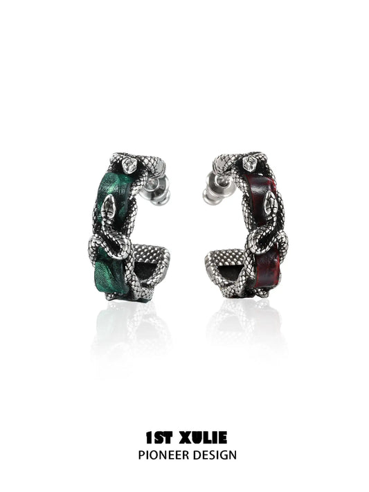 1ST XULIE "Snake Bite" Statement Leather Hoop Earrings in Platinum Plated Brass - On Model