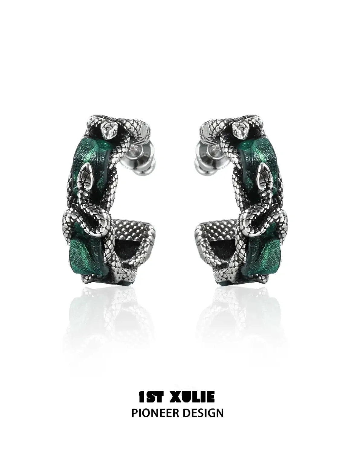 1ST XULIE "Snake Bite" Statement Leather Hoop Earrings in Platinum Plated Brass - On Model Close-Up