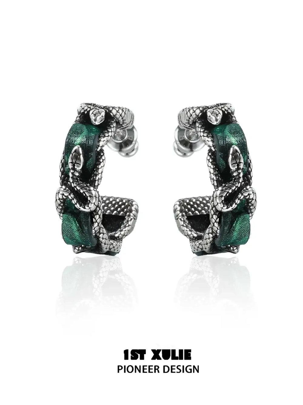 1ST XULIE "Snake Bite" Statement Leather Hoop Earrings in Platinum Plated Brass - On Model Close-Up