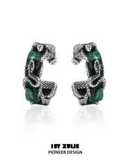 1ST XULIE "Snake Bite" Statement Leather Hoop Earrings in Platinum Plated Brass - On Model Close-Up