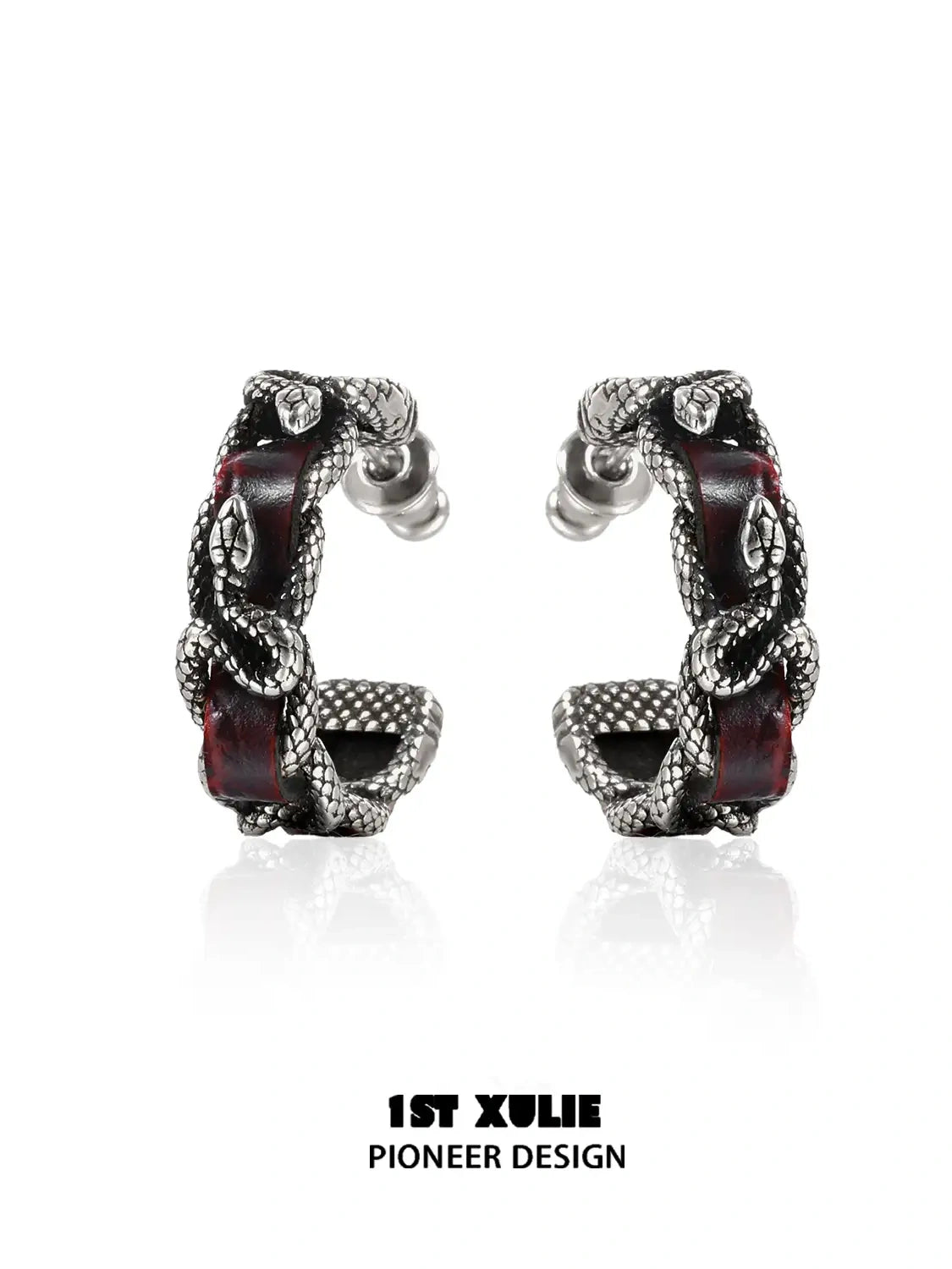 1ST XULIE "Snake Bite" Statement Leather Hoop Earrings in Platinum Plated Brass - Side View