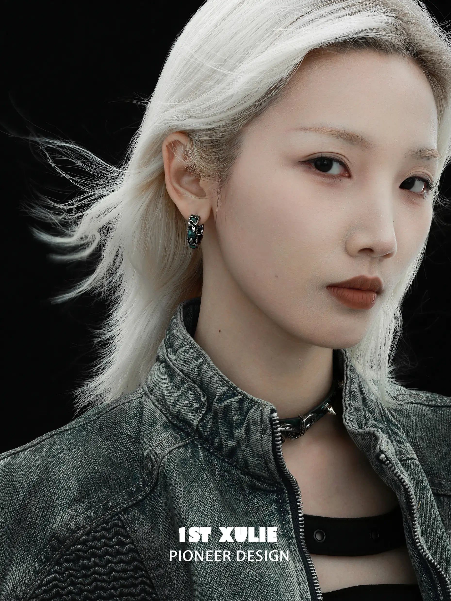 1ST XULIE "Snake Bite" Statement Leather Hoop Earrings in Platinum Plated Brass - Texture Detail