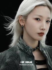 1ST XULIE "Snake Bite" Statement Leather Hoop Earrings in Platinum Plated Brass - Texture Detail