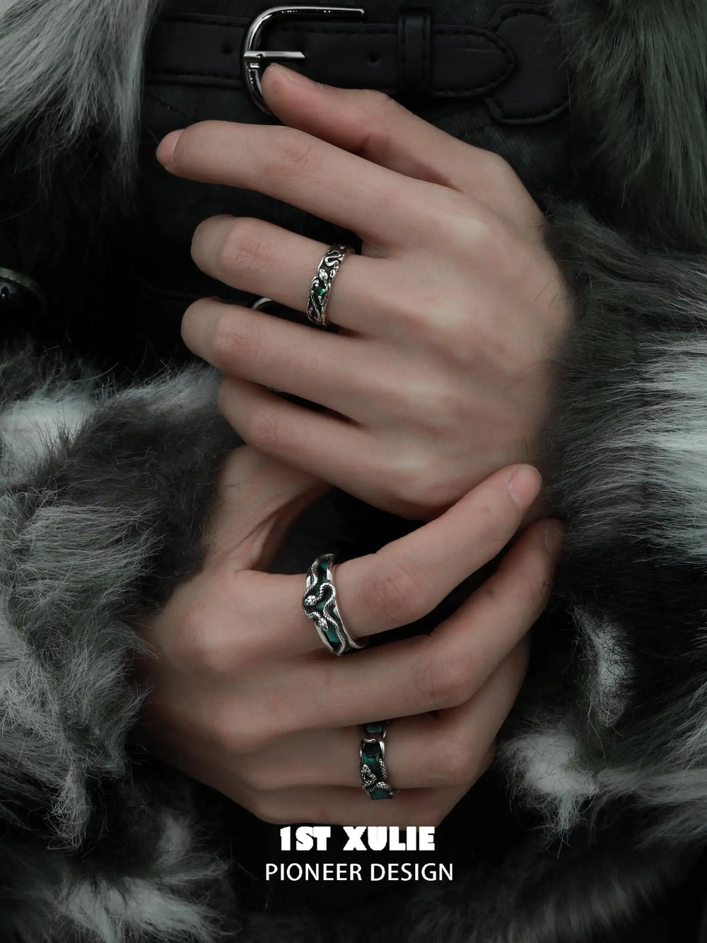 1ST XULIE "Snake Bite" Leather Inlay Open Ring in 925 Sterling Silver - On Model
