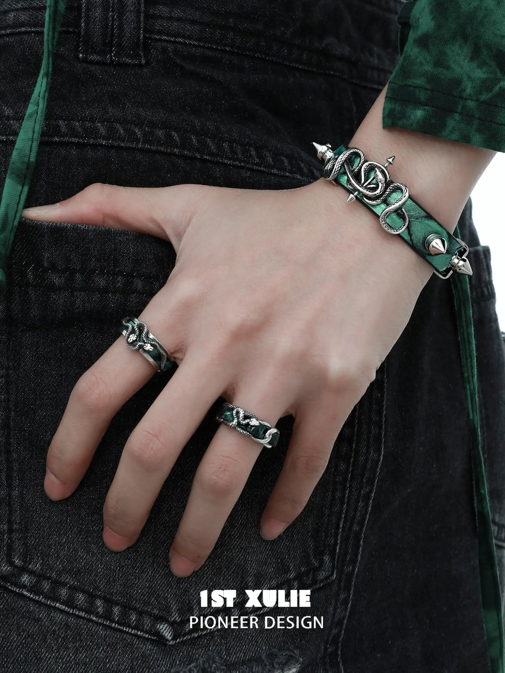 1ST XULIE "Snake Bite" Leather Inlay Open Ring in 925 Sterling Silver - Side View