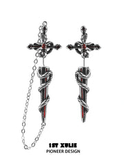 1ST XULIE "Snake Bite" Platinum Plated Statement Sword Chain Stud Earrings - Detail Shot