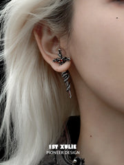 1ST XULIE "Snake Bite" Platinum Plated Statement Sword Chain Stud Earrings - On Model