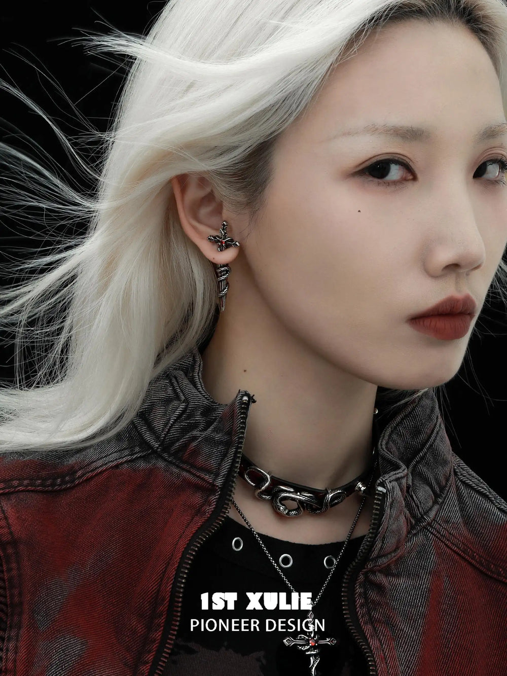1ST XULIE "Snake Bite" Platinum Plated Statement Sword Chain Stud Earrings - Full Product View
