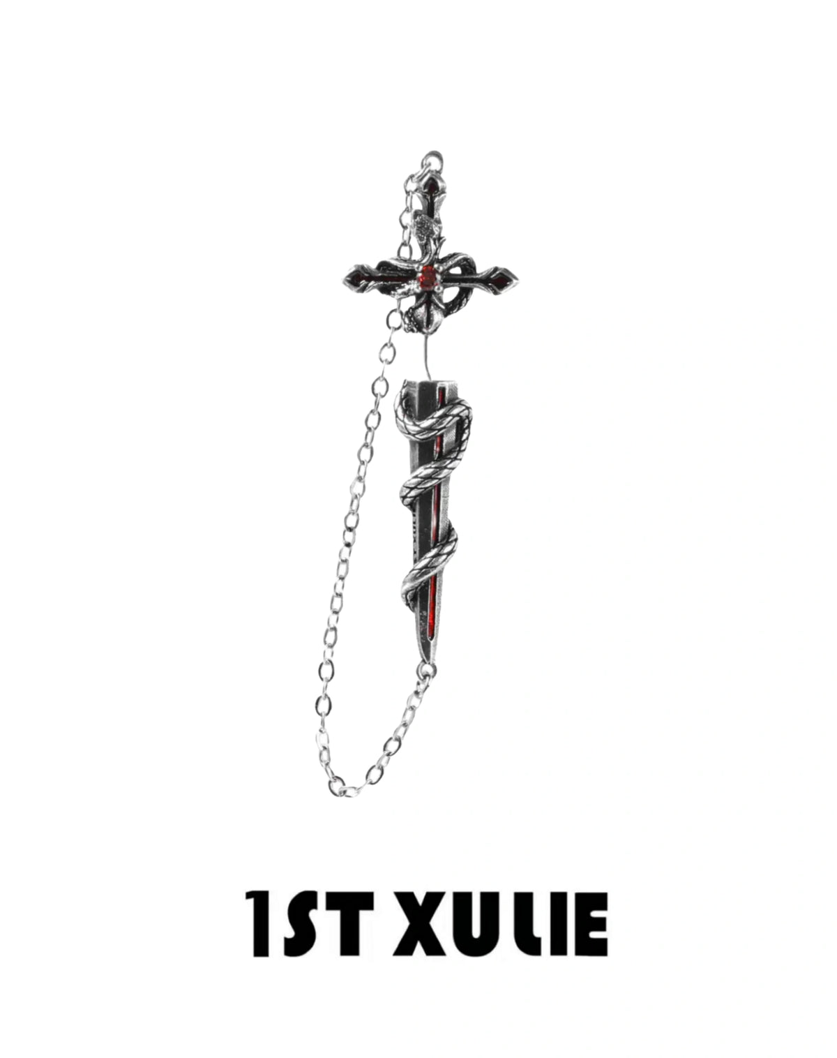 1ST XULIE "Snake Bite" Platinum Plated Statement Sword Chain Stud Earrings - Texture Detail