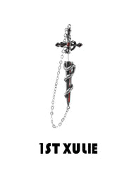 1ST XULIE "Snake Bite" Platinum Plated Statement Sword Chain Stud Earrings - Texture Detail