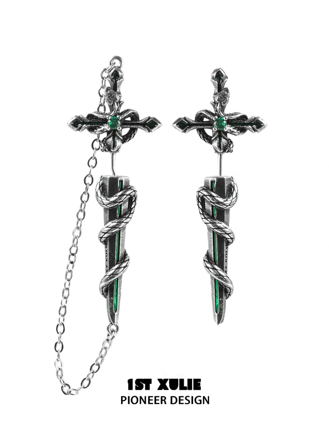 1ST XULIE "Snake Bite" Statement Sword Chain Dangle Earrings in Platinum Plate - Angle View