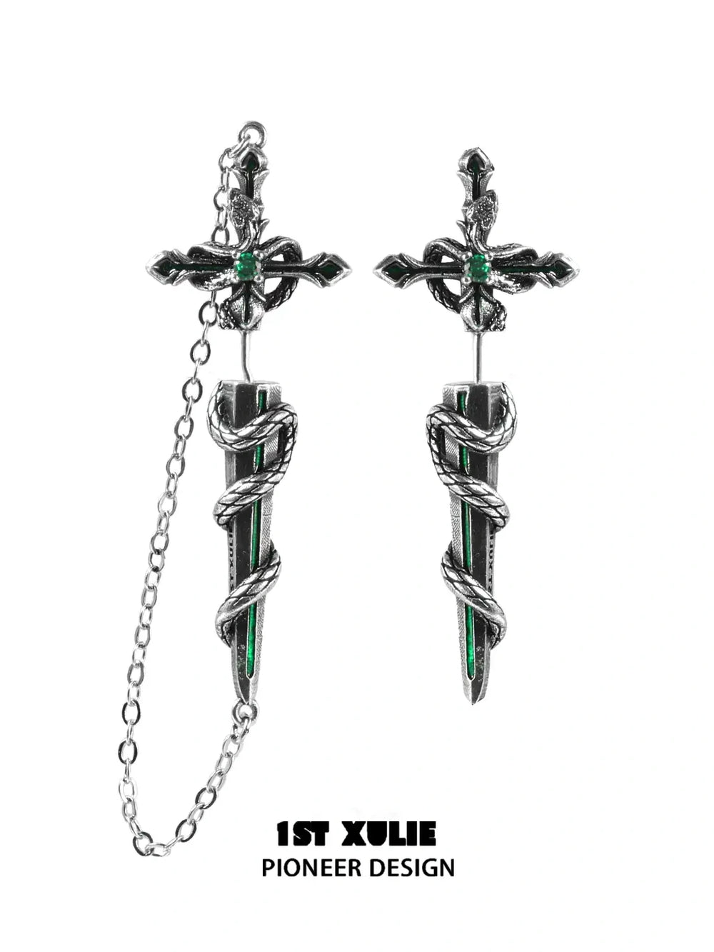 1ST XULIE "Snake Bite" Statement Sword Chain Dangle Earrings in Platinum Plate - Angle View