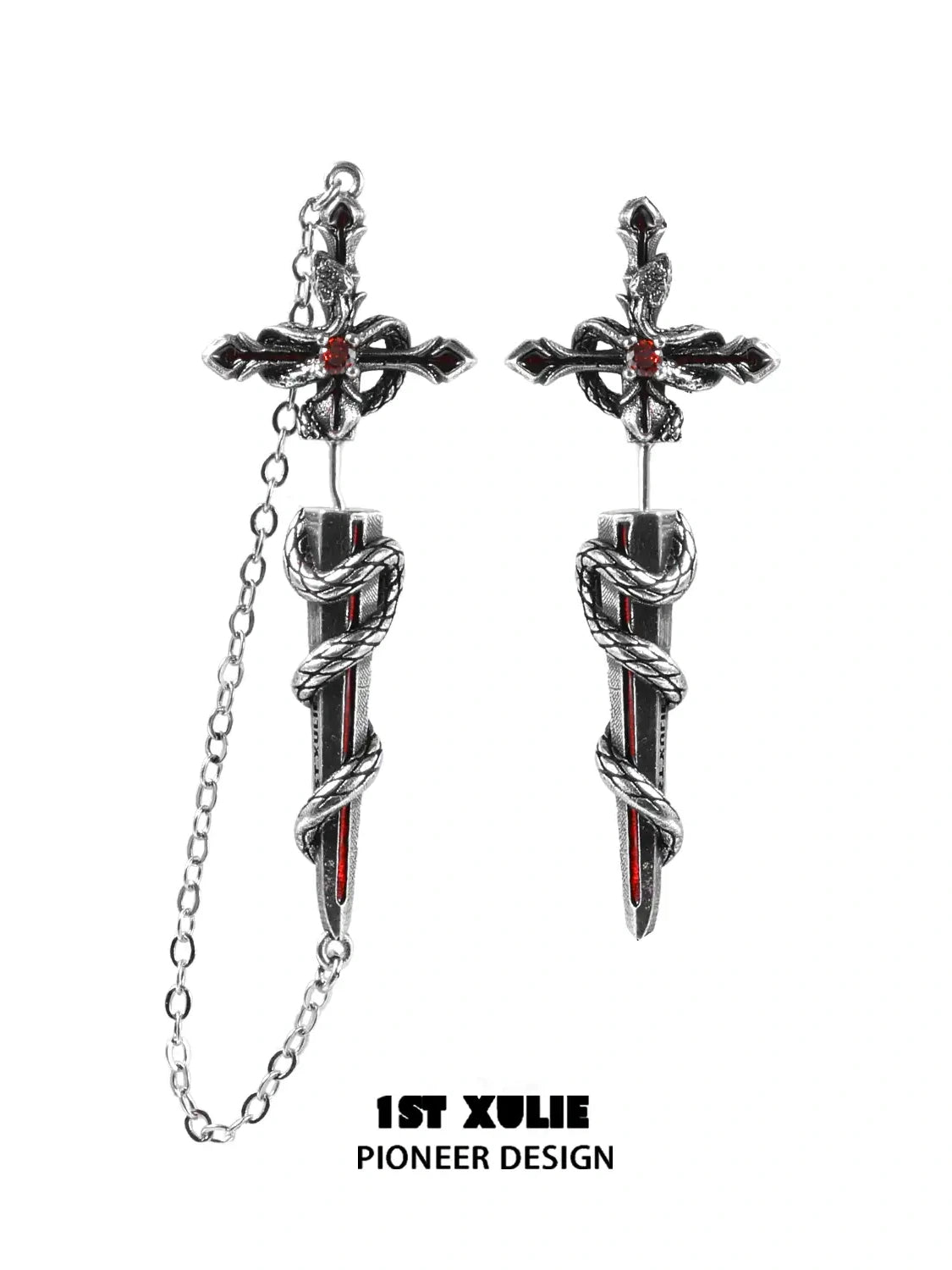 1ST XULIE "Snake Bite" Statement Sword Chain Dangle Earrings in Platinum Plate - Detail Shot