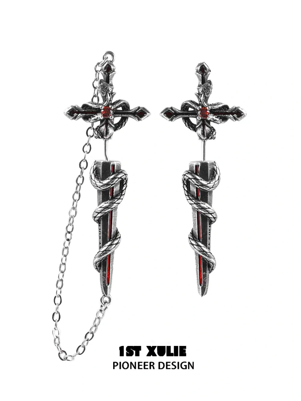 1ST XULIE "Snake Bite" Statement Sword Chain Dangle Earrings in Platinum Plate - Detail Shot