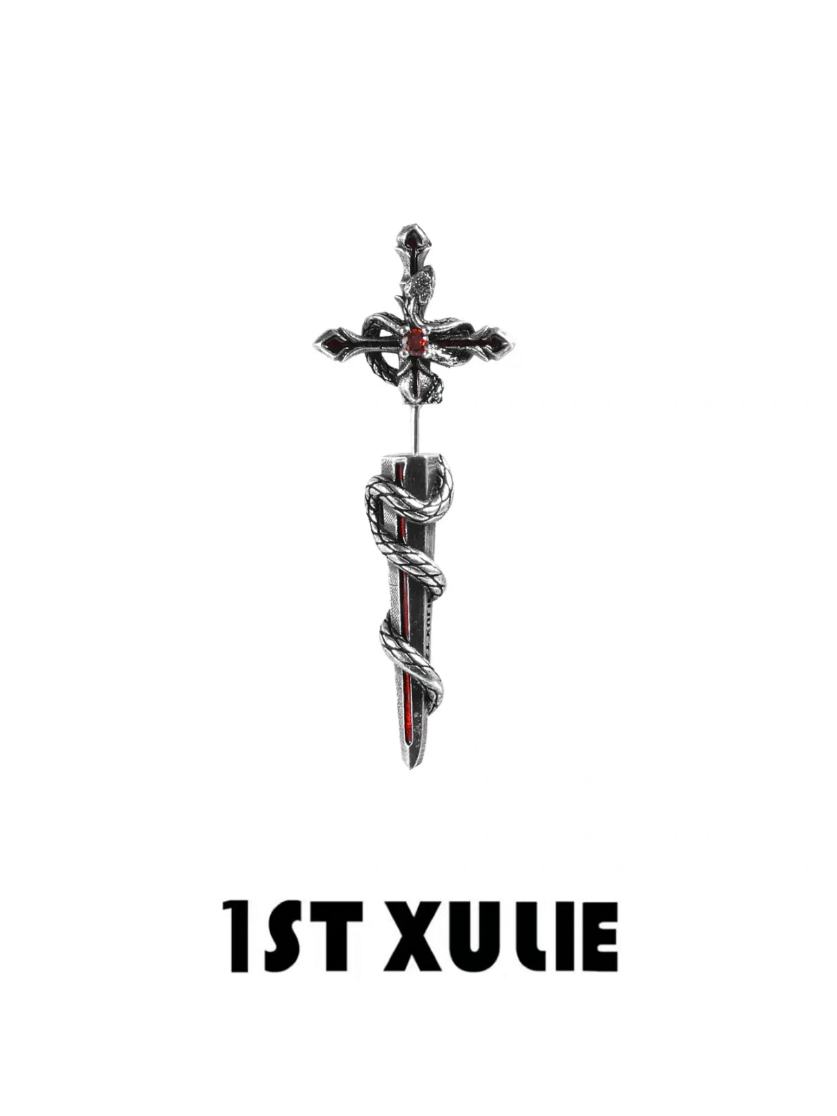 1ST XULIE "Snake Bite" Statement Sword Chain Dangle Earrings in Platinum Plate - Lifestyle Shot