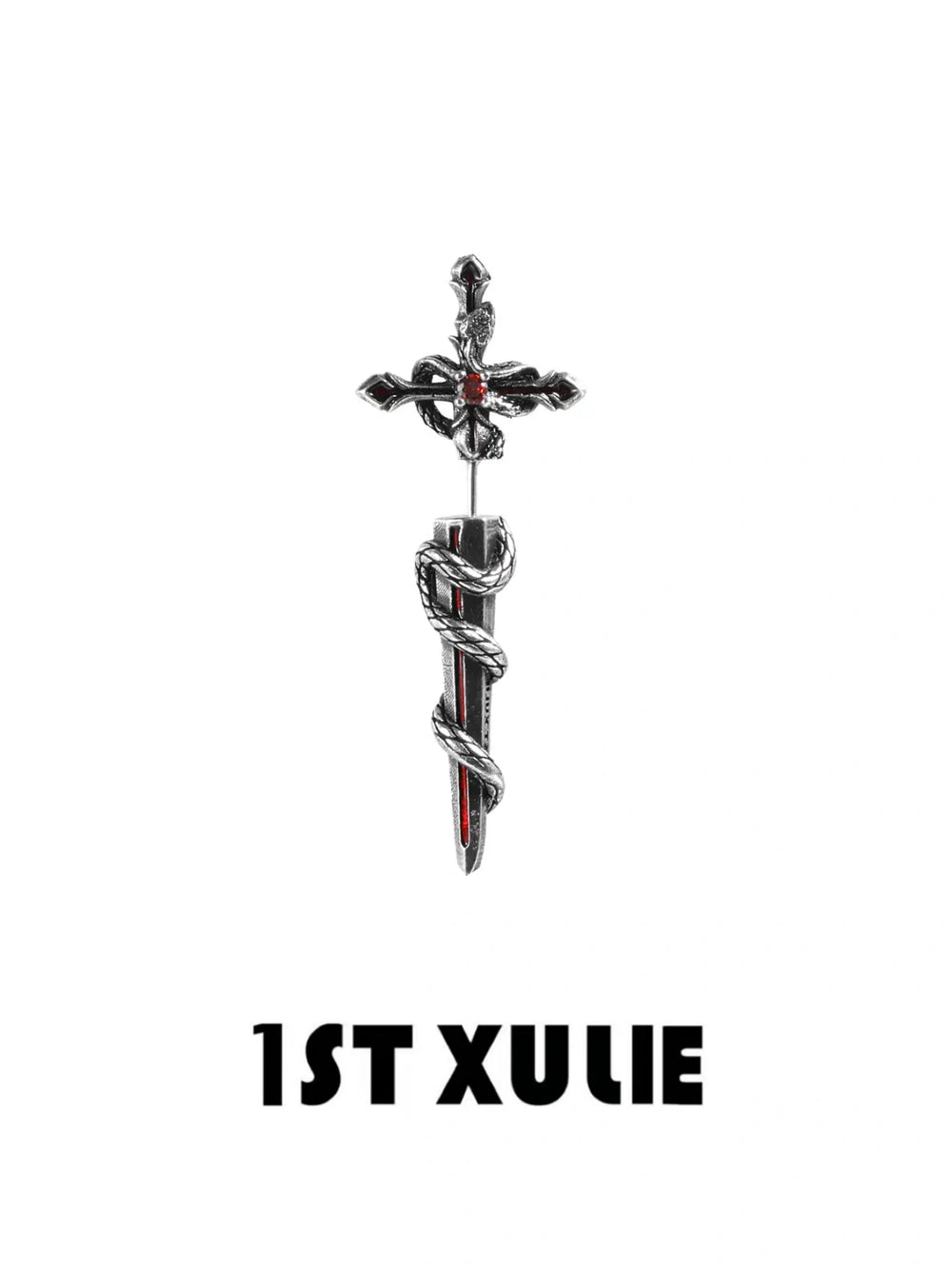 1ST XULIE "Snake Bite" Statement Sword Chain Dangle Earrings in Platinum Plate - Lifestyle Shot
